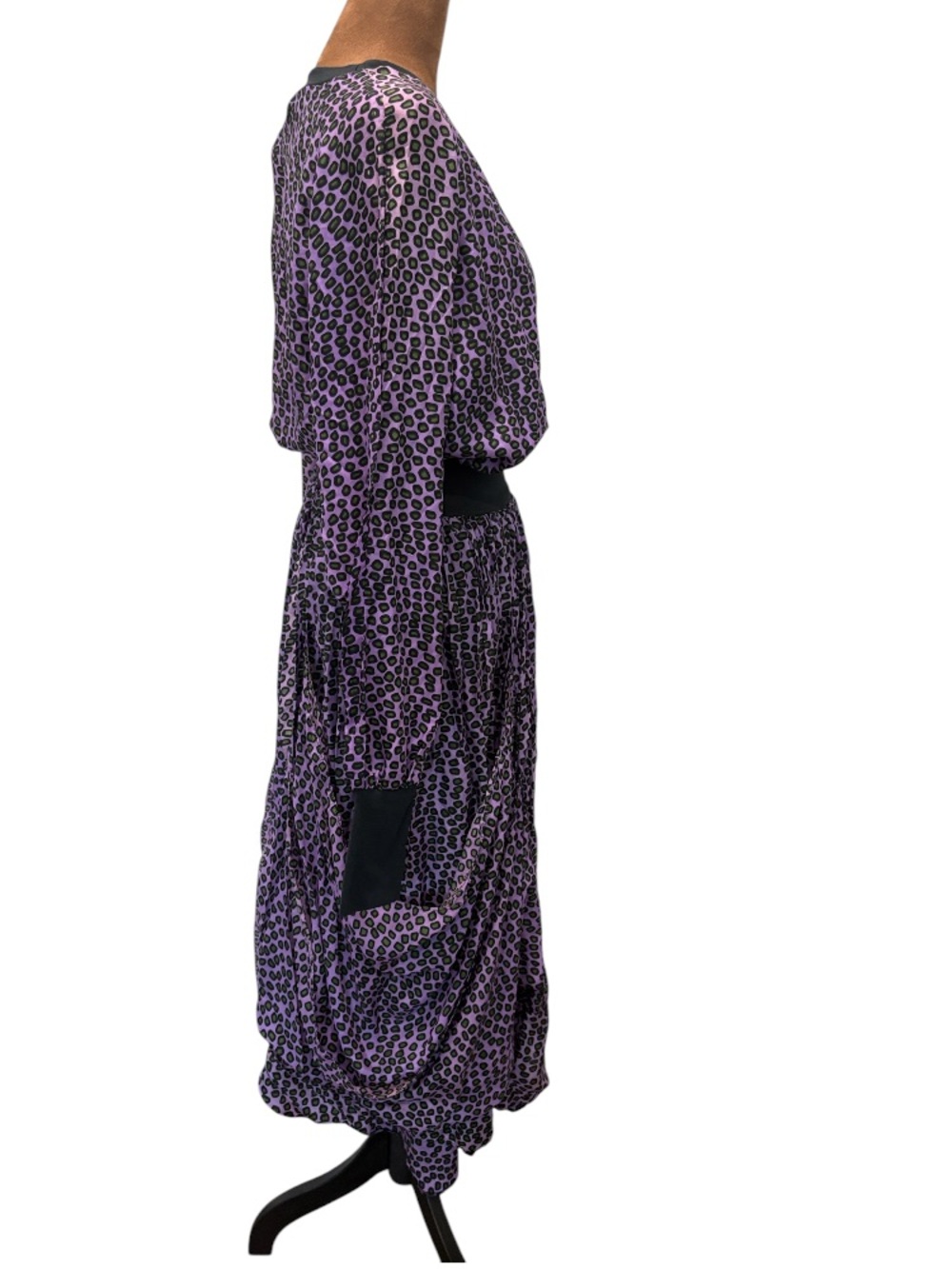 Vintage EXILE Bari Jay 100% Silk Purple Animal Print Goth Dolman Draped Dress M - Picture 6 of 12